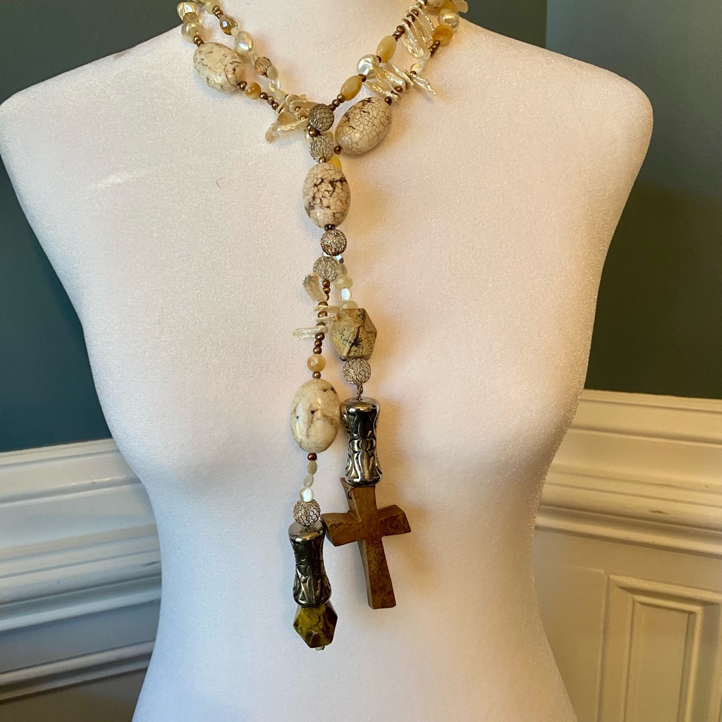 Long Necklace Quartz, Pearls, Wood, Silver By Artist Dianne “ The Yard”